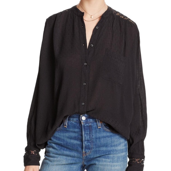 NWT FREE PEOPLE Crochet Button Down Blouse Black - Picture 2 of 6